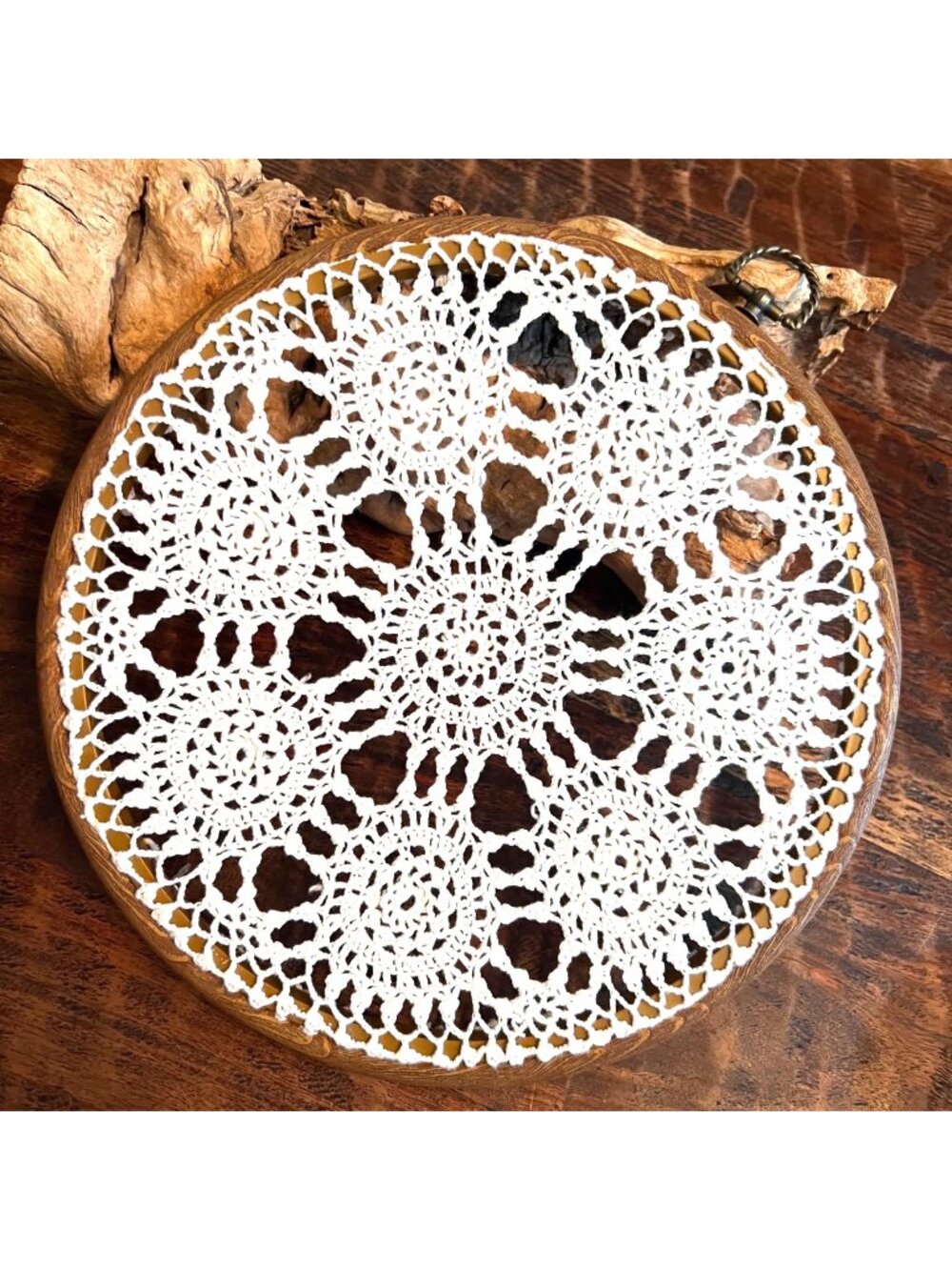 Handmade Crochet Doily Wall Art In 10" Wooden Hoop With Brass Hanging Loop White